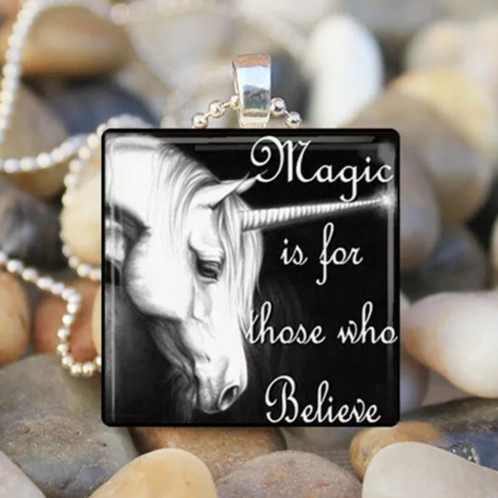 Unicorn W/ Saying Silver & Glass Tile Necklace
